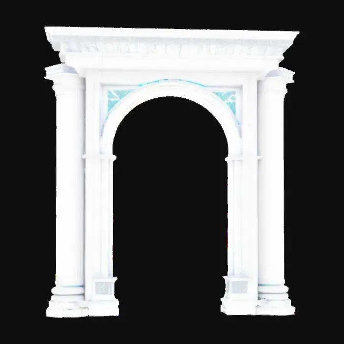 3D model for #arch#, an ancient greek arch of triumph with cyberpunk elements, made out of white chiseled marble and futuristic silver metal elements with symethrical blue neon paterns, ancient and futuristic mix, columns, high quality, good symethry, good mesh, 4k textures