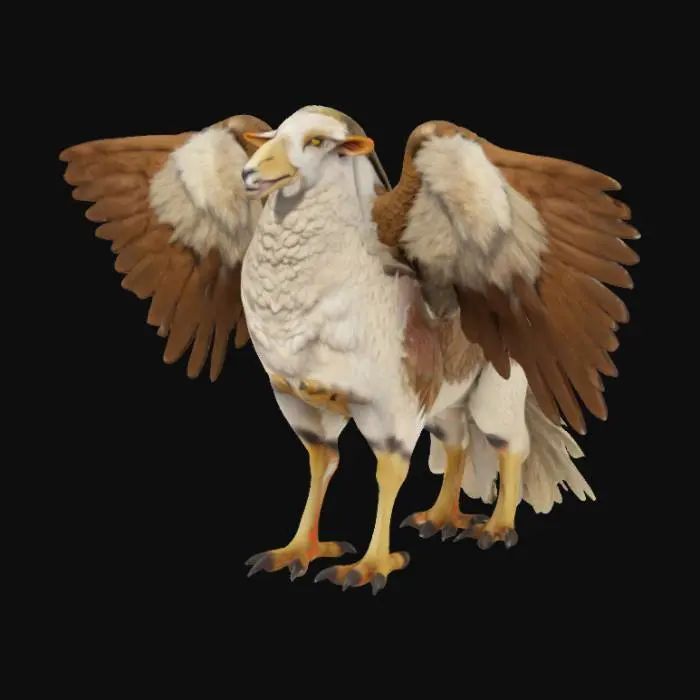3D model for a mighty eagle sheep, a big creature with body of a sheep, pair of big strong eagle wings, with two strong hove like legs, fluffy sheep tail, and sheep head with long sharp beak, white and brown fluffy fur, majestic, good quality, good mesh, 4k textures, fantasy