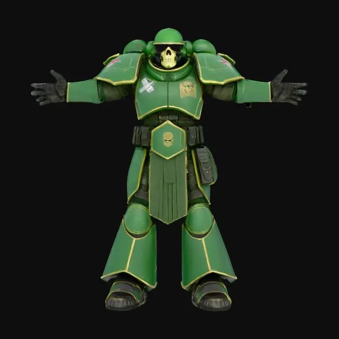 3D model for a warhammer 40k guardsman, ground solider, wearing green helmet with skull and futuristic simple green armour, wearing a backpack, human, good symethry, good mesh, 4k textures