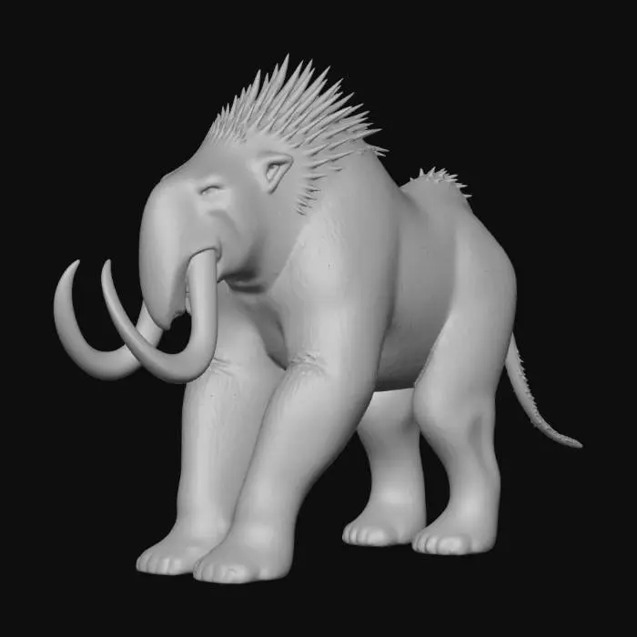 3D model for A model of a snow beast, huge creature with body of a polar bear, with a head of a mammoth, with two large tusks and trunk with sharp spikes, long sturdy legs, with long tiger tail, eyes glowing green, white fur with pale pink belly, beast, monster, fantasy, good mesh, high quality