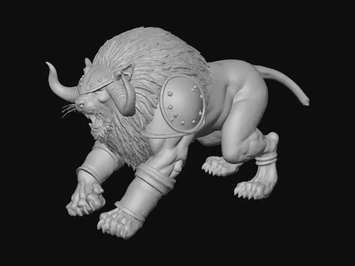 3D model for a hulking manged front-heavy quadrupedal dire lion, adorned with a crude helmet and grim armor, its body scarred by Hebrew and Israeli runes to create this hybrid beastly abomination . a beast of burden with a hungry grimace
