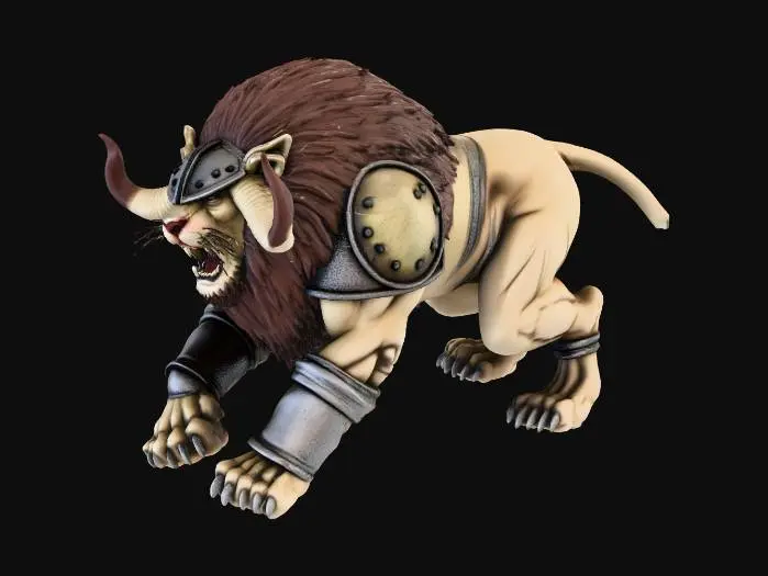 3D model for a hulking manged front-heavy quadrupedal dire lion, adorned with a crude helmet and grim armor, its body scarred by Hebrew and Israeli runes to create this hybrid beastly abomination . a beast of burden with a hungry grimace