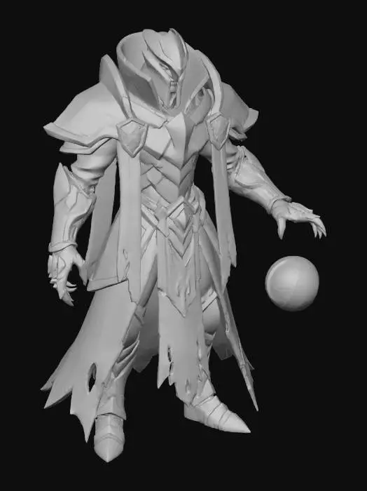 3D model for A commanding Voidkin armored figure of the  stands in a fractured, otherworldly interior. His armor is ceremonial and angular, composed of overlapping plates engraved with arcane sigils and insignia of rank, worn smooth by time rather than battle damage. Long, Umbral tattered cloth hangs from his waist and shoulders, swaying slightly despite the still air. His posture is disciplined and controlled, radiating authority and restraint. One hand out stretched emiting energy gathers beneath the gauntlet. His face is partially hidden by a high collar and shadow, revealing sharp, watchful eyes filled with calculation and quiet resolve. The environment around him feels tense and distorted, as if responding to his presence.