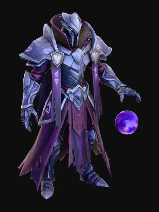 3D model for A commanding Voidkin armored figure of the  stands in a fractured, otherworldly interior. His armor is ceremonial and angular, composed of overlapping plates engraved with arcane sigils and insignia of rank, worn smooth by time rather than battle damage. Long, Umbral tattered cloth hangs from his waist and shoulders, swaying slightly despite the still air. His posture is disciplined and controlled, radiating authority and restraint. One hand out stretched emiting energy gathers beneath the gauntlet. His face is partially hidden by a high collar and shadow, revealing sharp, watchful eyes filled with calculation and quiet resolve. The environment around him feels tense and distorted, as if responding to his presence.