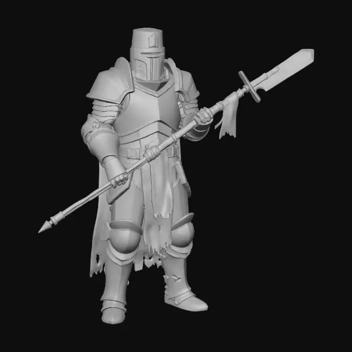 3D model for Stewards of Ephraim a holy trench warrior He wears heavy, sanctified plate armor engraved with geometric scripture and angular motifs, illuminated by faint, cold light. His stance is firm and vigilant, holding a long halberd-like polearm with a squared, brutal blade and prayer cloths wrapped around the shaft. The helmet is blocky and ceremonial, with a narrow glowing visor slit. Dust and ash drift around him as broken banners sway in the background. The atmosphere is somber and reverent, mixing ancient religious duty with industrial-era austerity, evoking grimdark parareligious warfare.