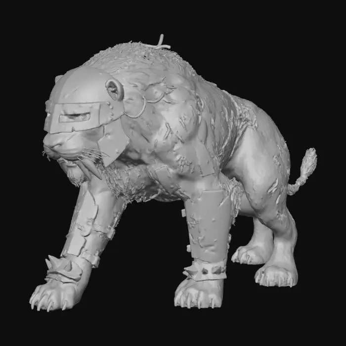 3D model for War-torn Sabertooth Lion homunculus abomination adorned with a cumbersome iron helmet, damaged armor on its forelimbs adorned with  a beast of burden in a stalking pose