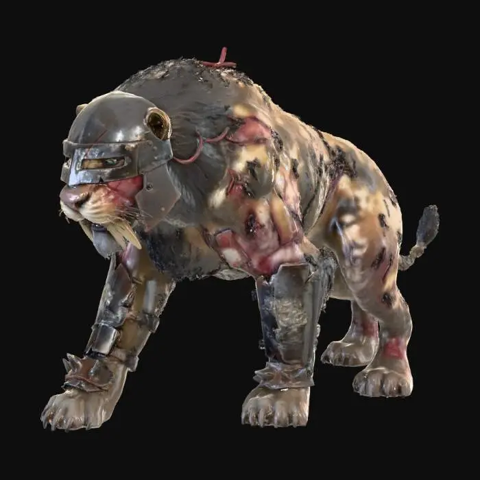 3D model for War-torn Sabertooth Lion homunculus abomination adorned with a cumbersome iron helmet, damaged armor on its forelimbs adorned with  a beast of burden in a stalking pose
