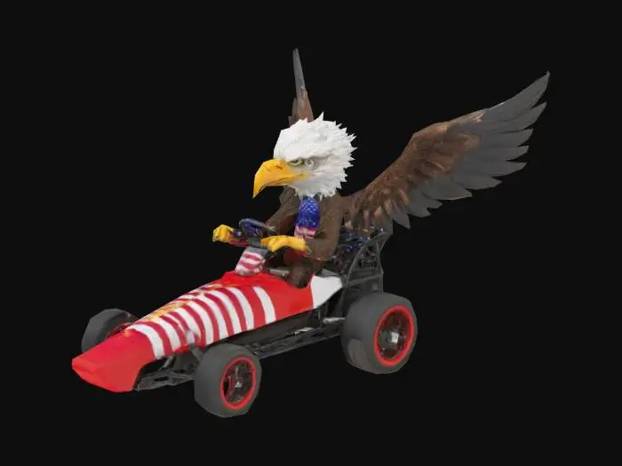 3D model for A bald eagle with American flag driving a go cart