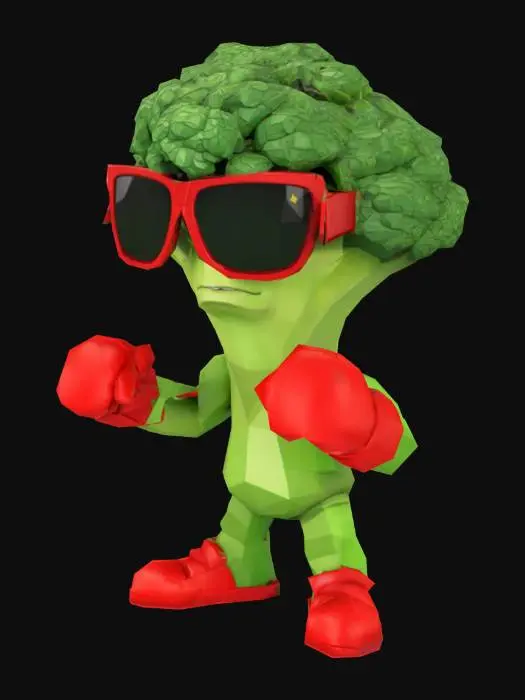 3D model for Low poly cartoon broccoli with boxing gloves, champion pose, sunglasses on face, bold green and red colors, exaggerated cartoon muscles, meme humor vibe, solid shading, Roblox-ready