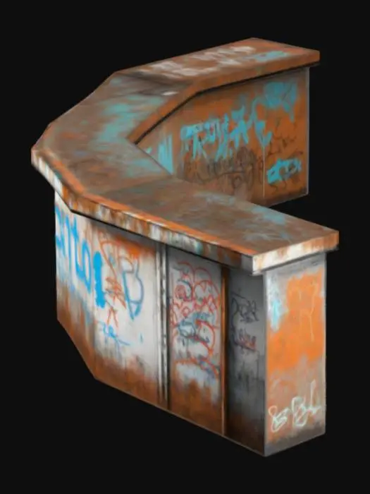 3D model for no background, 3d model, ps2 style<lora:sc0lpt - Figure> rusty reception desk for a sanatorium with graffity 