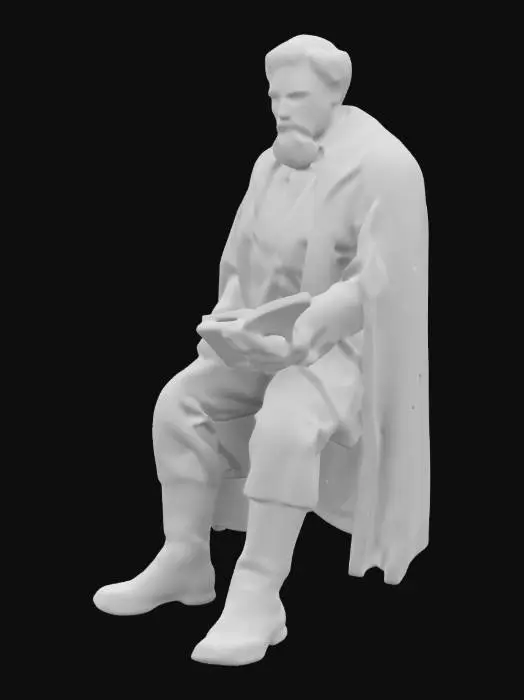 3D model for Create a full-body 3D model of Alessandro Manzoni, a European man in his 50s with a bearded, graying hair and solemn expression. Dressed in 19th-century Italian attire, he wears a dark frock coat, cravat, vest, pocket watch, polished boots, and a velvet cape. In a pensive-sitting stance, he holds a quill and a leather-bound book, exuding intellectual demeanor. Set against a library background with a wooden desk and inkwell, he examines “The Betrothed” manuscript, showcasing historical textures 

