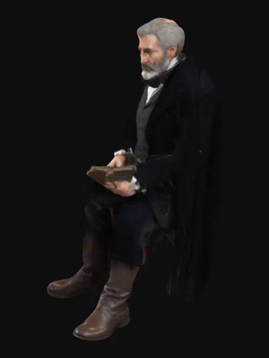 3D model for Create a full-body 3D model of Alessandro Manzoni, a European man in his 50s with a bearded, graying hair and solemn expression. Dressed in 19th-century Italian attire, he wears a dark frock coat, cravat, vest, pocket watch, polished boots, and a velvet cape. In a pensive-sitting stance, he holds a quill and a leather-bound book, exuding intellectual demeanor. Set against a library background with a wooden desk and inkwell, he examines “The Betrothed” manuscript, showcasing historical textures 
