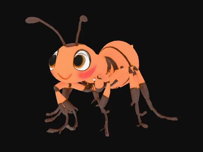 3D model for Game-ready 3D ant character optimized for mobile games. Realistic scale based on a real ant (approximately 5–7 mm long). Simplified but believable anatomy with clear segmentation: head, thorax, abdomen, six legs and antennae. Low-to-mid poly count (5k–10k triangles). Clean topology, animation-friendly edge flow. No micro geometry; all fine details baked into normal maps. Stylized realism suitable for children’s games. Single UV set, 1024x1024 PBR textures (Base Color, Normal, Roughness, Metallic). One material only. Neutral forward-walking pose. Pivot at ground level. Correct Unreal Engine scale in centimeters. No environment, character only.