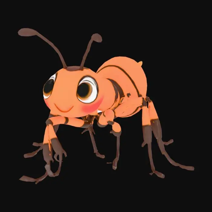 3D model for Game-ready 3D ant character optimized for mobile games. Realistic scale based on a real ant (approximately 5–7 mm long). Simplified but believable anatomy with clear segmentation: head, thorax, abdomen, six legs and antennae. Low-to-mid poly count (5k–10k triangles). Clean topology, animation-friendly edge flow. No micro geometry; all fine details baked into normal maps. Stylized realism suitable for children’s games. Single UV set, 1024x1024 PBR textures (Base Color, Normal, Roughness, Metallic). One material only. Neutral forward-walking pose. Pivot at ground level. Correct Unreal Engine scale in centimeters. No environment, character only.