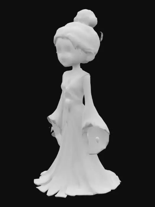 3D model for 水彩手绘卡通风格，柔和线条与淡雅色彩结合，兼具历史韵味与灵动可爱
体型：丰腴柔美的唐朝女性体态，圆润脸型配双下巴，流畅肩颈线条
服饰：齐胸襦裙套装，外层半透明纱质大袖衫，朱红/翡翠绿为主色系，金丝绣满卷草纹与宝相花
发型：高耸惊鹄髻，左侧斜插鎏金步摇，发间点缀珍珠流苏与绢制牡丹
妆容：鹅黄额黄妆，酒晕斜红从眼尾延伸到太阳穴，樱桃口脂，眉心贴金箔莲花钿
配饰：璎珞项圈镶嵌玛瑙，披帛缠绕臂间，腰间蹀躞带悬挂玉禁步
主色调：藕荷色打底，搭配酡颜红与琉璃黄
点缀色：青金石蓝在衣缘滚边，银朱色系带
光影：柔和的逆光效果，营造薄雾清晨质感
线条：粗细变化的勾线技法，重点部位（发饰/花纹）用金线勾勒

纹理：丝绸反光处增加鱼鳞状高光，纱质披帛做半透明处理

表情：杏眼微眯带月牙形笑纹，腮红采用晕染技法呈现"酒晕妆"效果
融合唐三彩釉色渐变技法
参考《簪花仕女图》人物姿态
化用敦煌壁画藻井纹样作为背景图案

"Chinese Tang dynasty aesthetic"、"traditional ink wash texture"（stylization 65%，细节精度80%）