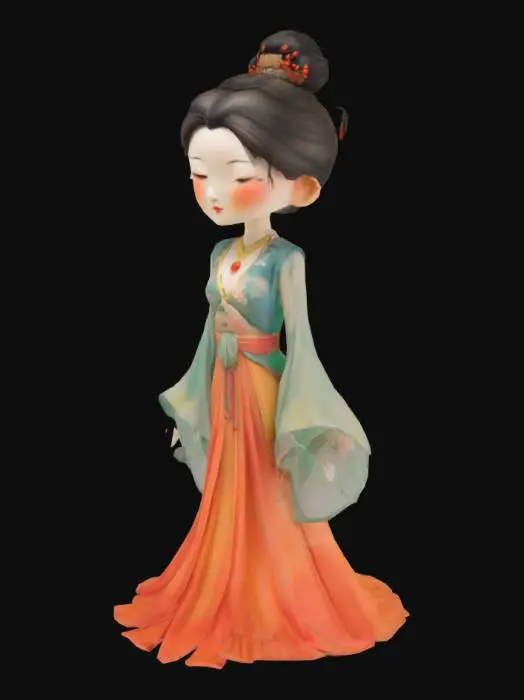 3D model for 水彩手绘卡通风格，柔和线条与淡雅色彩结合，兼具历史韵味与灵动可爱
体型：丰腴柔美的唐朝女性体态，圆润脸型配双下巴，流畅肩颈线条
服饰：齐胸襦裙套装，外层半透明纱质大袖衫，朱红/翡翠绿为主色系，金丝绣满卷草纹与宝相花
发型：高耸惊鹄髻，左侧斜插鎏金步摇，发间点缀珍珠流苏与绢制牡丹
妆容：鹅黄额黄妆，酒晕斜红从眼尾延伸到太阳穴，樱桃口脂，眉心贴金箔莲花钿
配饰：璎珞项圈镶嵌玛瑙，披帛缠绕臂间，腰间蹀躞带悬挂玉禁步
主色调：藕荷色打底，搭配酡颜红与琉璃黄
点缀色：青金石蓝在衣缘滚边，银朱色系带
光影：柔和的逆光效果，营造薄雾清晨质感
线条：粗细变化的勾线技法，重点部位（发饰/花纹）用金线勾勒

纹理：丝绸反光处增加鱼鳞状高光，纱质披帛做半透明处理

表情：杏眼微眯带月牙形笑纹，腮红采用晕染技法呈现"酒晕妆"效果
融合唐三彩釉色渐变技法
参考《簪花仕女图》人物姿态
化用敦煌壁画藻井纹样作为背景图案

"Chinese Tang dynasty aesthetic"、"traditional ink wash texture"（stylization 65%，细节精度80%）