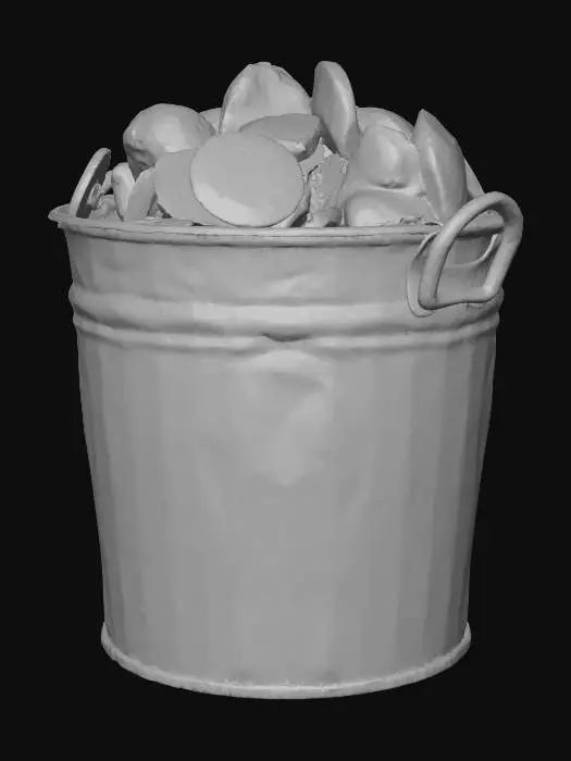 3D model for Metallic bucket filled with potato chips, 
bucket is painted yellow paint. Chips are round, yellow
