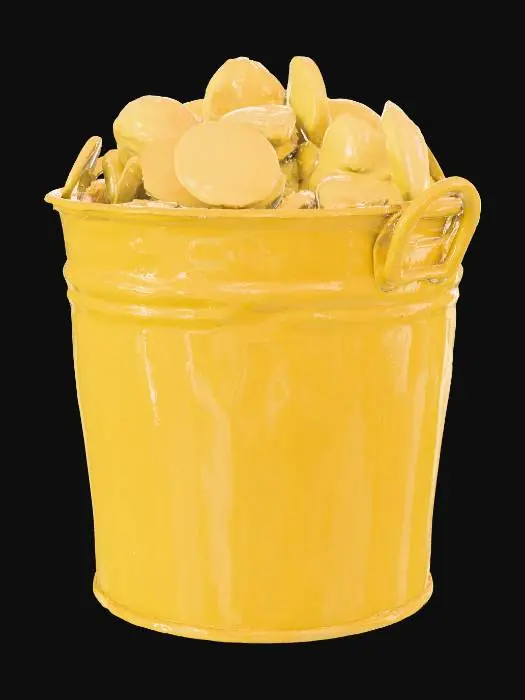 3D model for Metallic bucket filled with potato chips, 
bucket is painted yellow paint. Chips are round, yellow