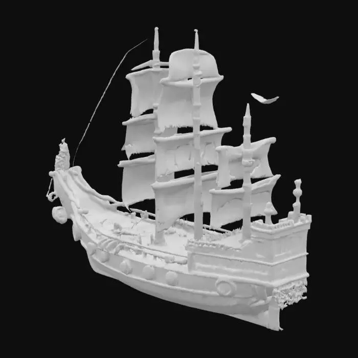 3D model for Una grande nave a vela fantasy, lunga circa 45 metri, presenta una prua elegante e ricurva in mogano scuro, sormontata da una figura di prua in cristallo luminoso. Tre alti alberi sostengono vele in etere e stoffa che si gonfiano e brillano di un tenue color verde acqua. Lo scafo è rinforzato da lucide controventature in mithril e costellato da vivaci oblò in vetro colorato. Una poppa a castello a più livelli si erge a poppa, completando la sua silhouette eroica e distintiva.