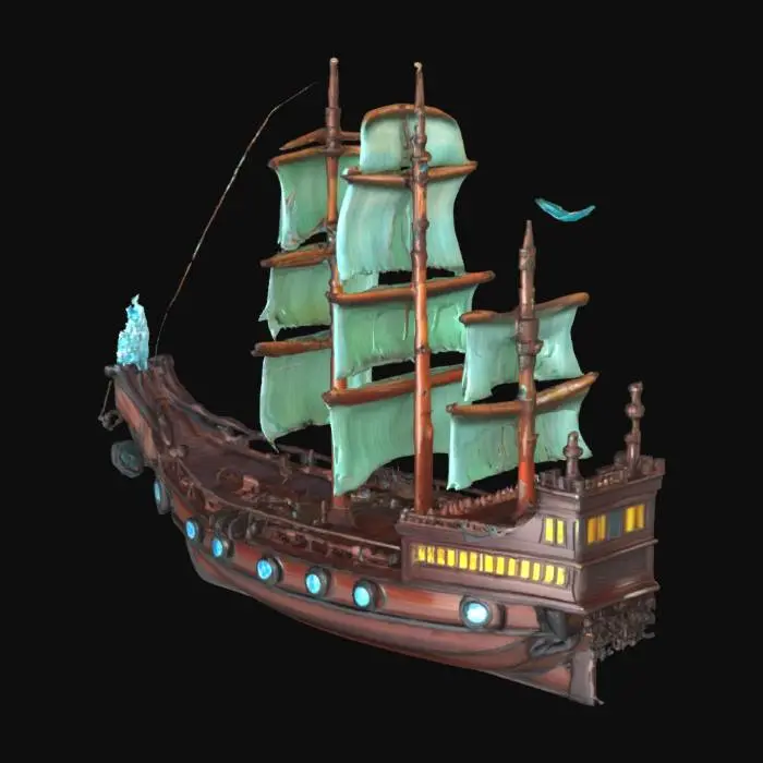 3D model for Una grande nave a vela fantasy, lunga circa 45 metri, presenta una prua elegante e ricurva in mogano scuro, sormontata da una figura di prua in cristallo luminoso. Tre alti alberi sostengono vele in etere e stoffa che si gonfiano e brillano di un tenue color verde acqua. Lo scafo è rinforzato da lucide controventature in mithril e costellato da vivaci oblò in vetro colorato. Una poppa a castello a più livelli si erge a poppa, completando la sua silhouette eroica e distintiva.