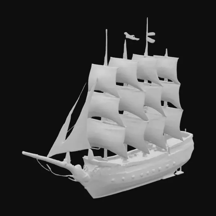 3D model for Una grande nave a vela fantasy, lunga circa 45 metri, presenta una prua elegante e ricurva in mogano scuro, sormontata da una figura di prua in cristallo luminoso. Tre alti alberi sostengono vele in etere e stoffa che si gonfiano e brillano di un tenue color verde acqua. Lo scafo è rinforzato da lucide controventature in mithril e costellato da vivaci oblò in vetro colorato. Una poppa a castello a più livelli si erge a poppa, completando la sua silhouette eroica e distintiva.