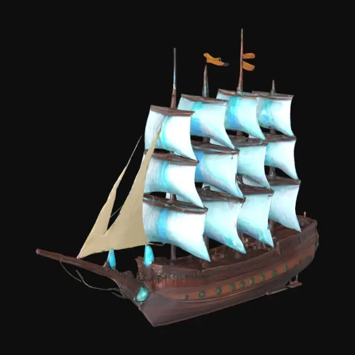 3D model for Una grande nave a vela fantasy, lunga circa 45 metri, presenta una prua elegante e ricurva in mogano scuro, sormontata da una figura di prua in cristallo luminoso. Tre alti alberi sostengono vele in etere e stoffa che si gonfiano e brillano di un tenue color verde acqua. Lo scafo è rinforzato da lucide controventature in mithril e costellato da vivaci oblò in vetro colorato. Una poppa a castello a più livelli si erge a poppa, completando la sua silhouette eroica e distintiva.