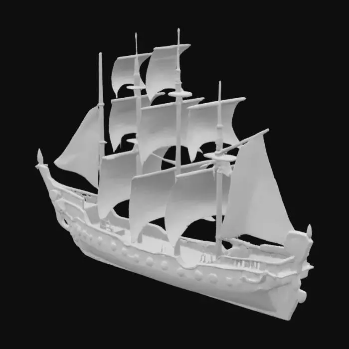 3D model for Una grande nave a vela fantasy, lunga circa 45 metri, presenta una prua elegante e ricurva in mogano scuro, sormontata da una figura di prua in cristallo luminoso. Tre alti alberi sostengono vele in etere e stoffa che si gonfiano e brillano di un tenue color verde acqua. Lo scafo è rinforzato da lucide controventature in mithril e costellato da vivaci oblò in vetro colorato. Una poppa a castello a più livelli si erge a poppa, completando la sua silhouette eroica e distintiva.