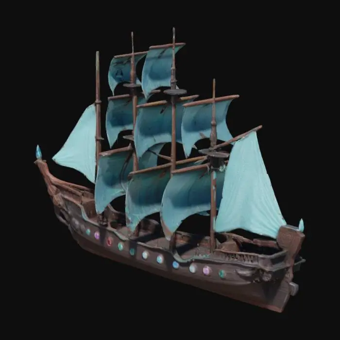 3D model for Una grande nave a vela fantasy, lunga circa 45 metri, presenta una prua elegante e ricurva in mogano scuro, sormontata da una figura di prua in cristallo luminoso. Tre alti alberi sostengono vele in etere e stoffa che si gonfiano e brillano di un tenue color verde acqua. Lo scafo è rinforzato da lucide controventature in mithril e costellato da vivaci oblò in vetro colorato. Una poppa a castello a più livelli si erge a poppa, completando la sua silhouette eroica e distintiva.