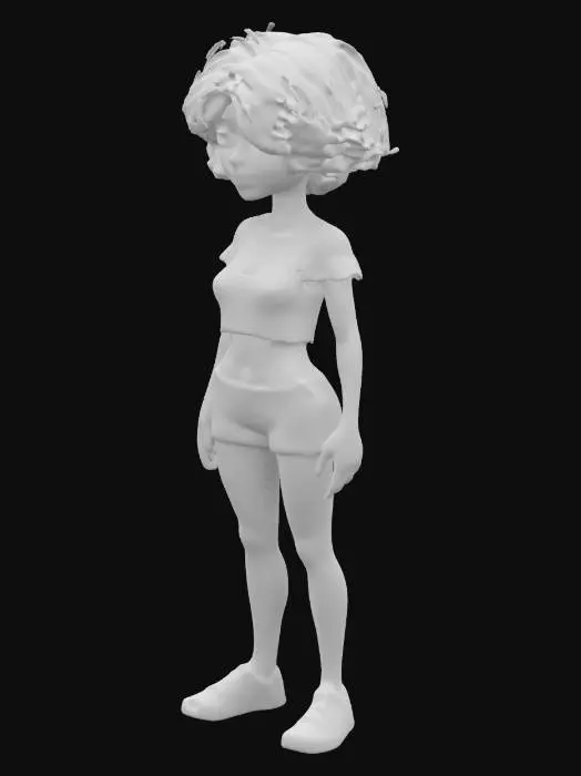 3D model for girl, T-pose, Full Body, Symmetrical Body, Game Assets, ,green eyes, brown hair, short hair, freckles, crop top, navel, midriff, long sleeves, off-shoulder shirt, shorts