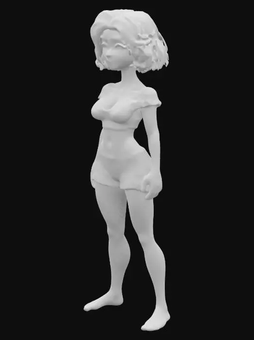 3D model for girl, T-pose, Full Body, Symmetrical Body, Game Assets, ,green eyes, brown hair, short hair, freckles, crop top, navel, midriff, long sleeves, off-shoulder shirt, crop shorts, big breasts