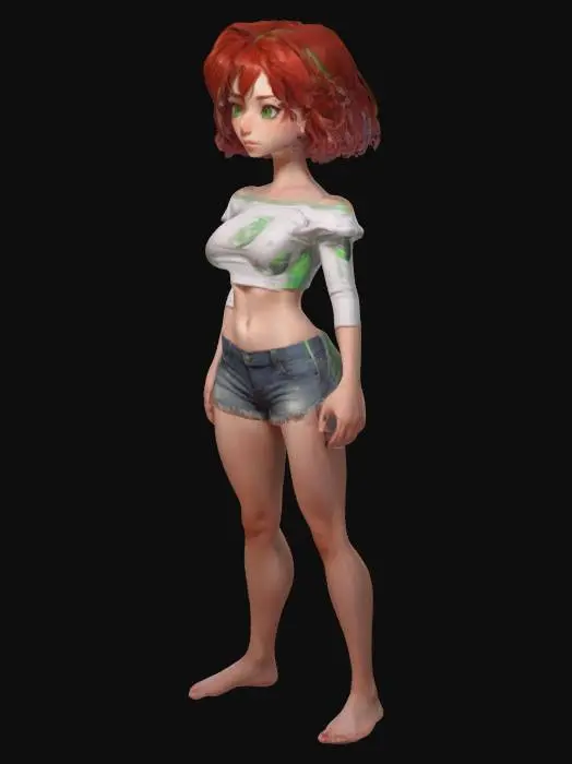 3D model for girl, T-pose, Full Body, Symmetrical Body, Game Assets, ,green eyes, brown hair, short hair, freckles, crop top, navel, midriff, long sleeves, off-shoulder shirt, crop shorts, big breasts