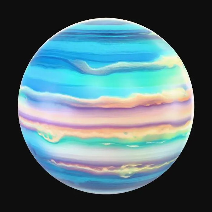 3D model for An immense, vibrant gas giant, perfectly spherical with a slightly oblate bulge. Its dynamic, swirling atmosphere showcases distinct, smooth bands of deep sapphire blues, emerald greens, and fiery oranges, interspersed with turbulent violet and yellow storm systems. The gaseous texture is ethereal yet powerfully layered, creating a captivating, colorful structure.