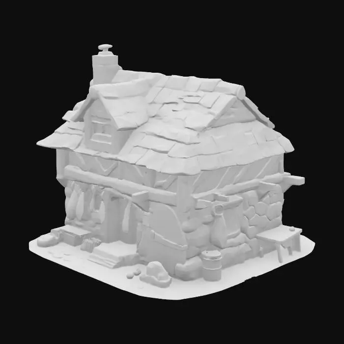 3D model for Low poly medieval butcher house made of wood and stone, with a small chimney, some meat hanging outside, suitable for a mobile game. Stylized cartoon style, simple textures, game-ready.
