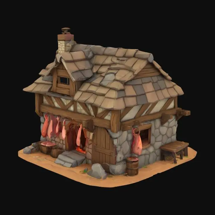 3D model for Low poly medieval butcher house made of wood and stone, with a small chimney, some meat hanging outside, suitable for a mobile game. Stylized cartoon style, simple textures, game-ready.
