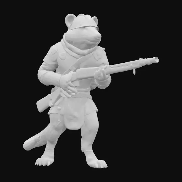 3D model for A bipedal badger, dressed in a medieval gambeson with a cuirass on top, a helmet with eye slits, aiming with a musket that has a small air tank instead of a stock 