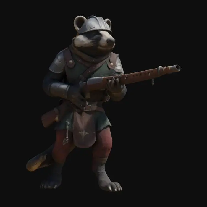 3D model for A bipedal badger, dressed in a medieval gambeson with a cuirass on top, a helmet with eye slits, aiming with a musket that has a small air tank instead of a stock 