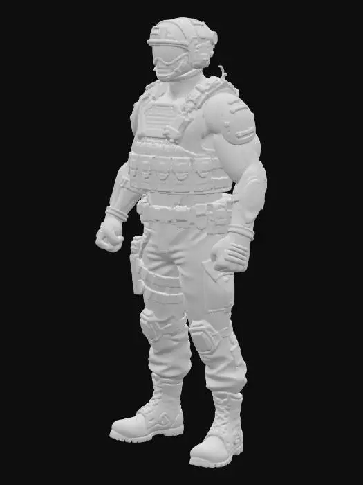 3D model for stylised soldier with tactical gear, and futuristic details little colorful strips, symmetric, t-pose