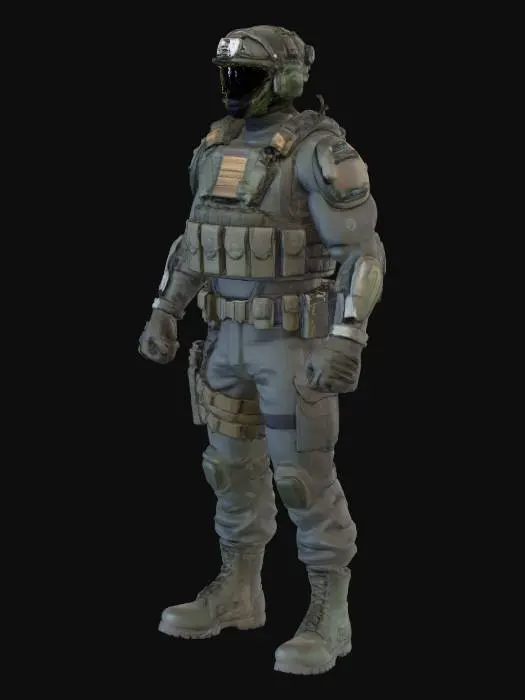 3D model for stylised soldier with tactical gear, and futuristic details little colorful strips, symmetric, t-pose