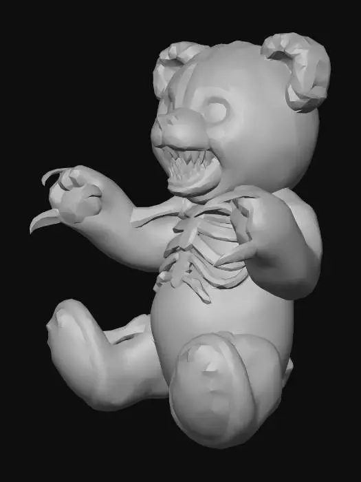 3D model for Low-to-medium gore FNAF pink teddy bear in T-pose: cracked decayed pink fur, visible rusty endoskeleton, glowing purple eyes, sharp teeth and claws, purple smoke aura, tentacles from back, horror style, detailed textures, cinematic lighting