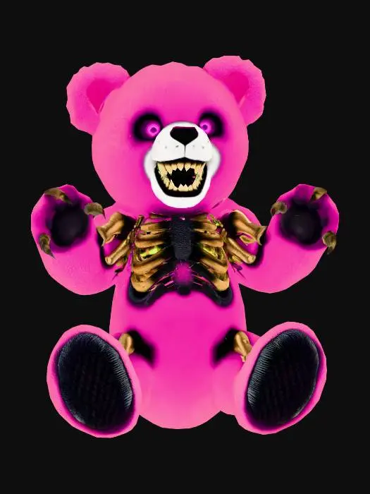 3D model for Low-to-medium gore FNAF pink teddy bear in T-pose: cracked decayed pink fur, visible rusty endoskeleton, glowing purple eyes, sharp teeth and claws, purple smoke aura, tentacles from back, horror style, detailed textures, cinematic lighting