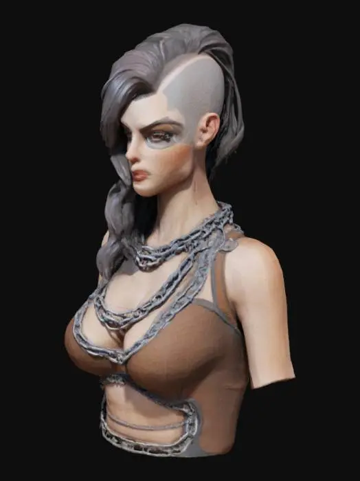 3D model for A stylized 3D-rendered bust of a cyberpunk female character with sharp, angular features, deep-set eyes, and wavy dark hair.  hair on right side of her head is shaved and on the left her hair is long and fall on her left side making a wave. wears a chain mail. The art style is semi-realistic with a painterly, sculpted look, featuring smooth shading and soft lighting. The color palette consists of warm earth tones, with deep reds and browns contrasting against a dark background.