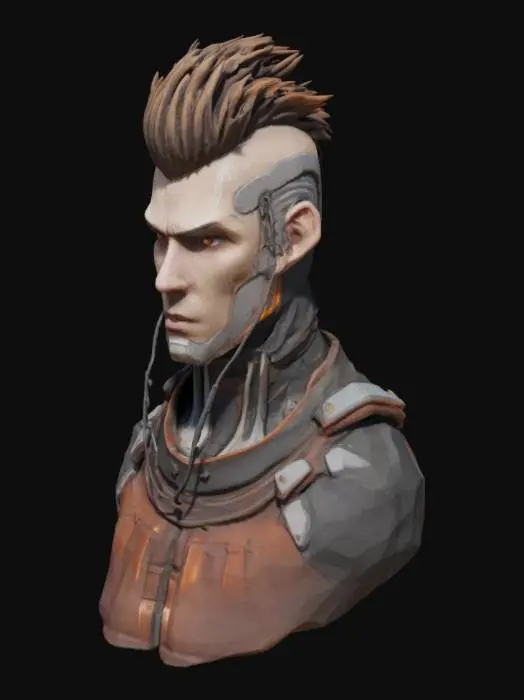 3D model for A stylized 3D-rendered bust of a cyberpunk male character with sharp, angular features, deep-set eyes, and straight light bown hair. he has a mohawk hair cut, half of his face is cybernetic and cables can seen connected to his neck and sculp. he wears nanosuit. The art style is semi-realistic with a painterly, sculpted look, featuring smooth shading and soft lighting. The color palette consists of warm earth tones, with deep reds and browns contrasting against a dark background.