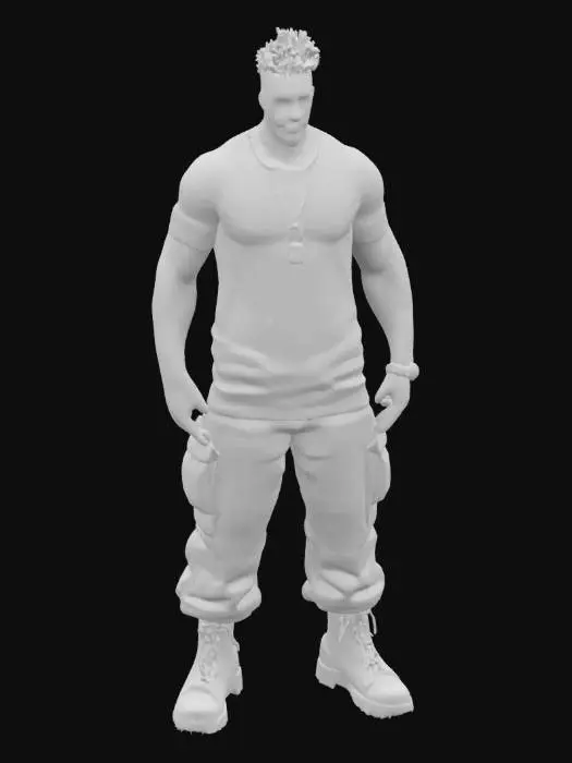 3D model for yarı gerçekçi, 27 yaşında erkek, afroamerikan, 1.92 boyunda atletik ve orta kaslı vücut yapısında, siyah kıvırcık kısa saçlı, kahverengi gözlü,sakal tıraşlı, beyaz tişört giyen boynunda künye olan, sol kolunda melek dövmesi olan, askeri pantolon ve askeri bot giyen karakter yarat