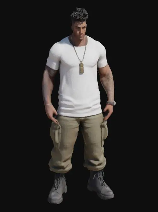 3D model for yarı gerçekçi, 27 yaşında erkek, afroamerikan, 1.92 boyunda atletik ve orta kaslı vücut yapısında, siyah kıvırcık kısa saçlı, kahverengi gözlü,sakal tıraşlı, beyaz tişört giyen boynunda künye olan, sol kolunda melek dövmesi olan, askeri pantolon ve askeri bot giyen karakter yarat