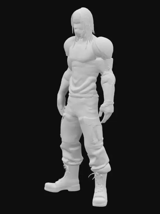3D model for yarı gerçekçi, yüksek detaylı, 32 yaşında erkek, Jamaikalı, siyahi, 1.90 m boyunda atletik ve belirgin kaslı vücut yapısında, siyah reggae sanatçıları şeklinde uzun saçlı, çenesinde keçi sakalı olan, beyaz streç tişört giymiş, sağ kolu omuzundan itibaren bilim kurgu filmlerindeki gibi biyonik, ensesinden beline kadar titanyum metal ekso iskelet destek mekanizması olan, yeşil  gözlü, kamuflaj askeri  pantolon ve  siyah askeri bot giyen,  karakter yarat