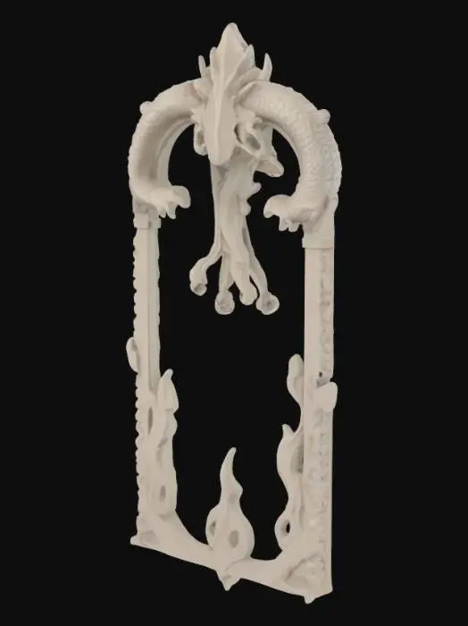 3D model for Render a single-piece, FDM-printable dragon-themed display in neutral lighting with no background. The structure resembles a vertical arched plaque with stylized flame borders and a raised dragon design on the back wall. At the base, a dragon hand with five claws protruding outward in a gentle arc, positioned as functional hooks for holding small items like keys.