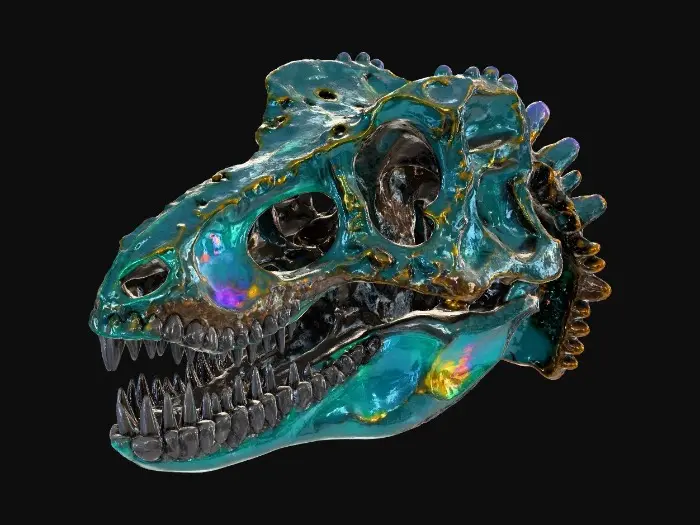 3D model for A realistic Velociraptor dinosaur skull, fossilized into iridescent black opal and labradorite. The bone surface has a rainbow sheen and crystalline textures. Sharp teeth, hollow eye sockets, intricate skeletal details, prehistoric specimen, dark fantasy aesthetic, high-resolution PBR textures, museum-grade display quality.