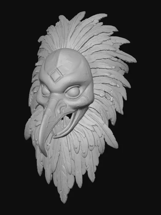 3D model for A terrifying ritual mask carved from dark ebony wood. Inlaid with polished abalone shell eyes that shimmer with iridescent colors. Decorated with real crow feathers and dried animal sinew. Tribal religious artifact, high-contrast materials, organic and handcrafted look, eerie spiritual aesthetic.