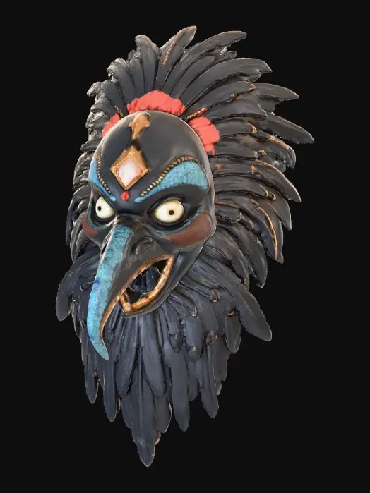 3D model for A terrifying ritual mask carved from dark ebony wood. Inlaid with polished abalone shell eyes that shimmer with iridescent colors. Decorated with real crow feathers and dried animal sinew. Tribal religious artifact, high-contrast materials, organic and handcrafted look, eerie spiritual aesthetic.