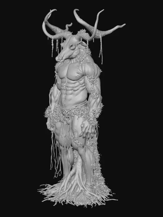 3D model for A muscular humanoid bull made entirely of twisted banyan tree roots and thick vines. The head is a bovine skull overgrown with green moss. Huge antlers made of flowering branches. Bark-like skin texture, glowing sap veins, organic forest deity, high-detail wood carving aesthetic, mythological hybrid.